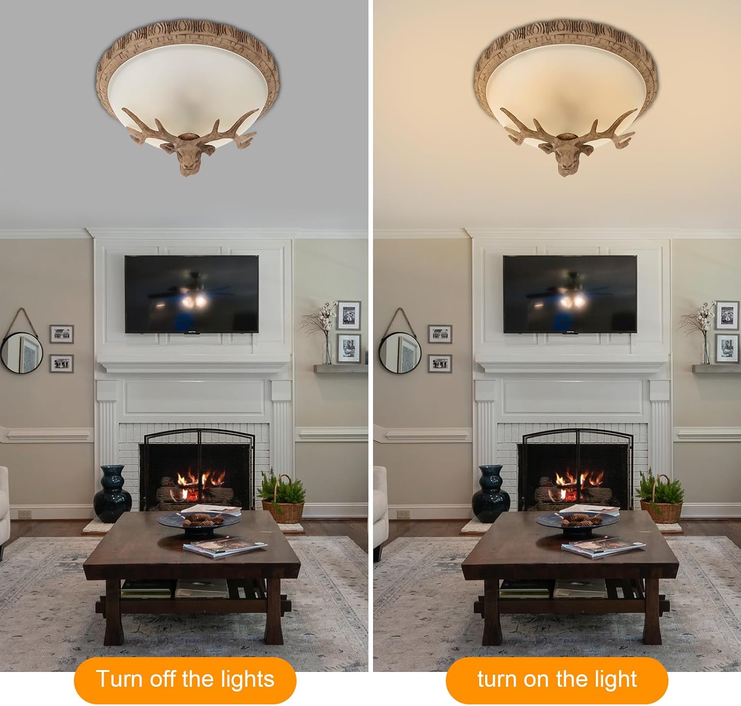 16''D Antlers Flush Mount Light Rustic Deer Head Horn Glass Semi Ceiling Lighting Fixtures with E12 Base 3-Light Ceiling Flushing Lamp Light for Kitchen Living Room Bedroom Dining Room NO BULBS