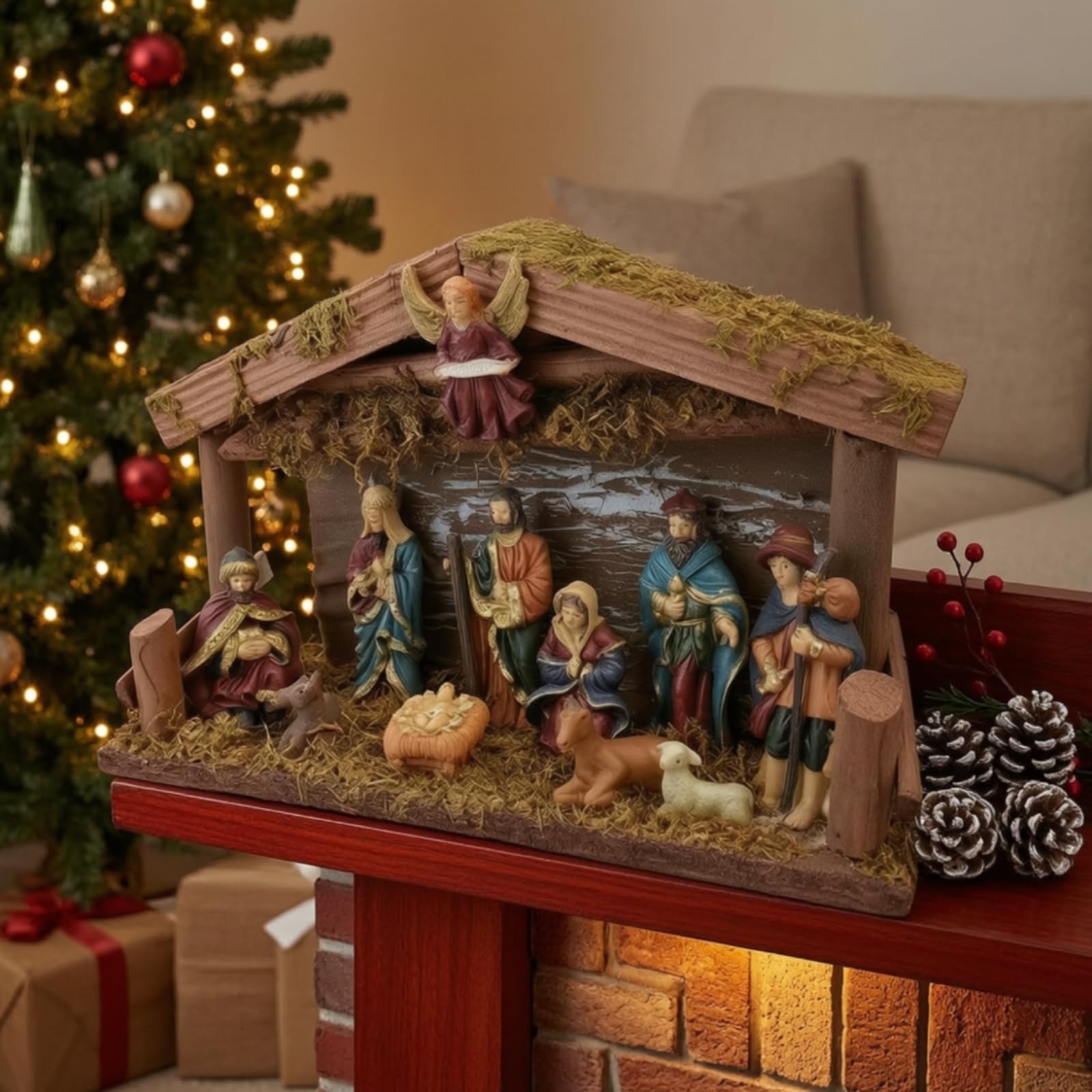Crèche Noël Lumineuse Crèche Noël Complète Style Européen Figurines la Nativité pour Collectionneurs, Salon