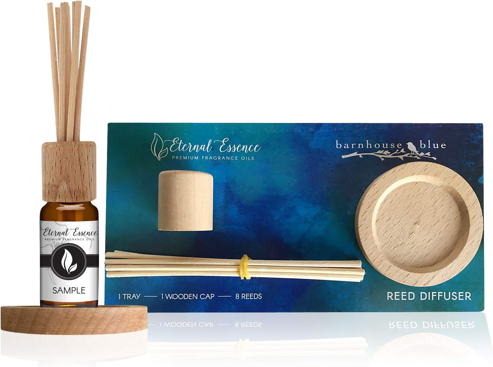 Eternal Essence Oils Wooden Cap, Reed Diffuser and Sticks - All Natural Reed Diffuser Set for Fragrance Oils - Fragrance Oil Not Included - Home Fragrance Kit (1 Tray, 1 Wooden Cap and 8 Reeds)