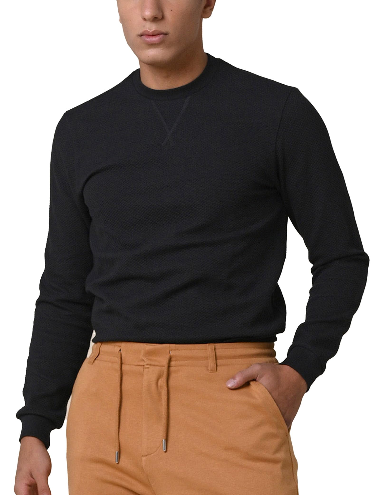 Enorsia Mens Ribbed Crew Neck Sweatshirt – Soft Cotton Blend Pullover Mens Sweatshirts No Hood with Notch Neck Zig-Zag Stitch – Relaxed Fit Jersey Jumper for Casual Everyday Wear - Black, UK Medium