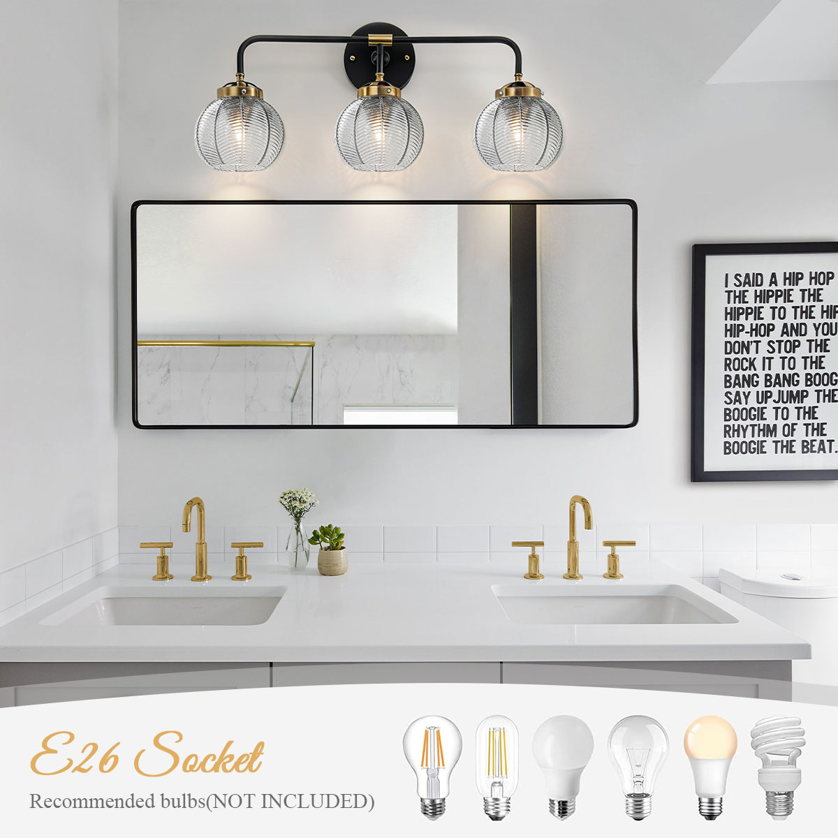 Image of Black Bathroom Light Fixtures 3-Lights Vintage Vanity Wall Sconce Over Mirror with Ribbed Smoky Gray Globe Shade Mid Century Modern Lights Fixture Art Deco Farmhouse Vanity Lighting