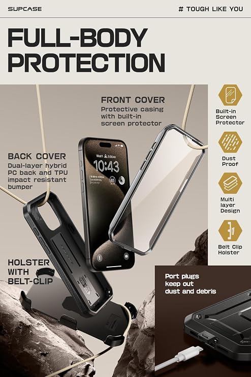 SUPCASE لجهاز iPhone 15 Pro Max Case مع واقي الشاشة (Unicorn Beetle Pro) ، [حامل مدمج & حزام مقطع] [حماية من الدرجة العسكرية] حافظة هاتف للخدمة الشاقة للجسم الكامل لجهاز iPhone 15 Pro Max ، أسود