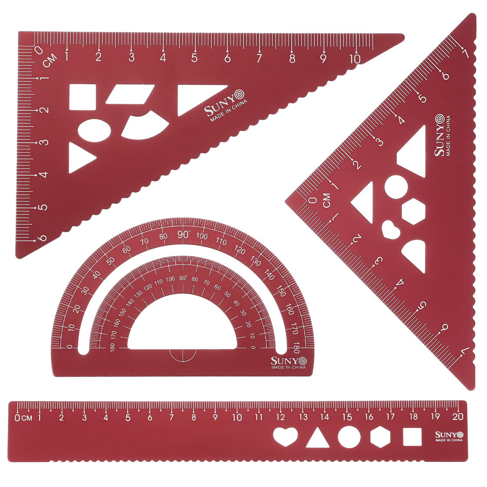 sourcing map 4pcs Triangular Ruler Set 20cm Aluminum Alloy Straight Geometric Protractor Triangle Engineering Scale Drafting Ruler Kit Measuring Drawing Tool for Classroom Office Home, Red