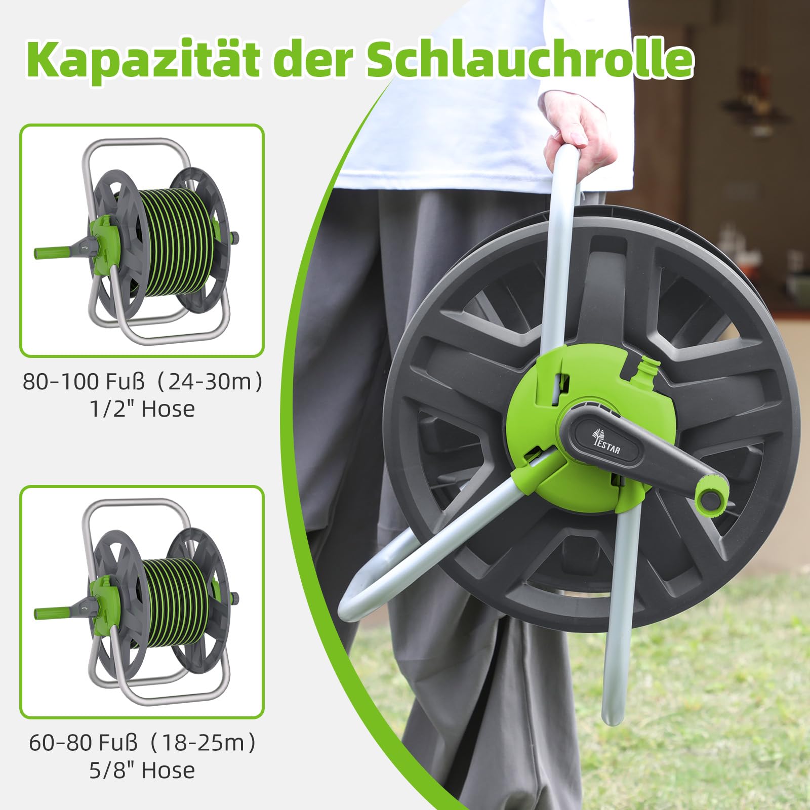 Carrete de manguera de plástico, enrollador portátil para manguera de riego de 24 a 30 m (1/2 pulgadas), ahorro de espacio y fácil desmontaje, para riego de jardín
