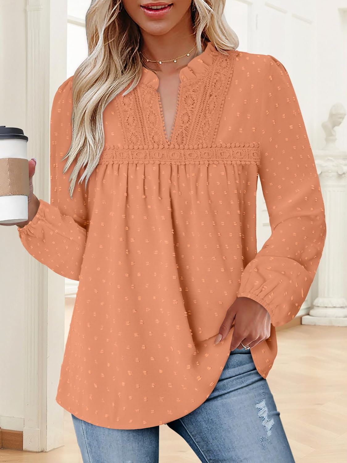 BETTE BOUTIK Womens Boho Fall Fashion Tops Long Sleeve Casual Shirts Flowy Swiss Dot Blouses - Image 3