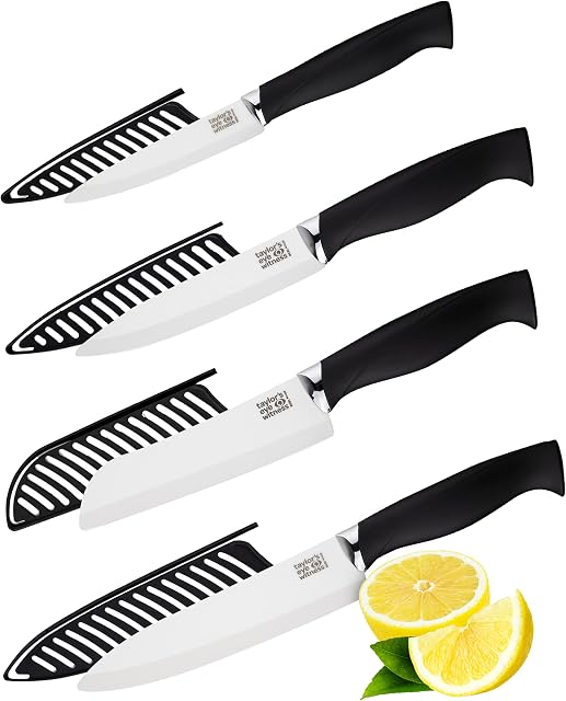 4pc Ceramic Blade Kitchen Knife Set  Paring, Utility, Santoku, Chef knives With Covers/Sheaths. Black Soft Grip Handle. Corrosion, Rust Resistant. Stays Sharper Longer Than Steel. Taylors Eye Witness
