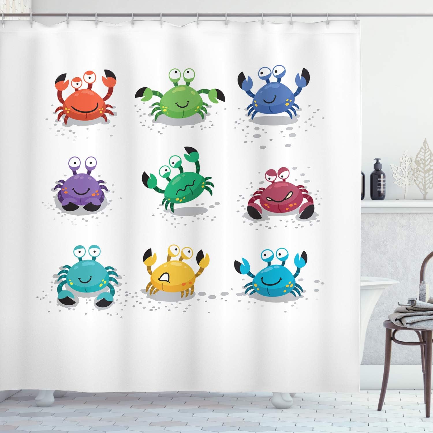 Ambesonne Crabs Shower Curtain, Joyful Cartoon Style Colorful Crab Characters with Various Expressions and Emotions, Cloth Fabric Bathroom Decor Set with Hooks, 69" W x 84" L, White Multicolor