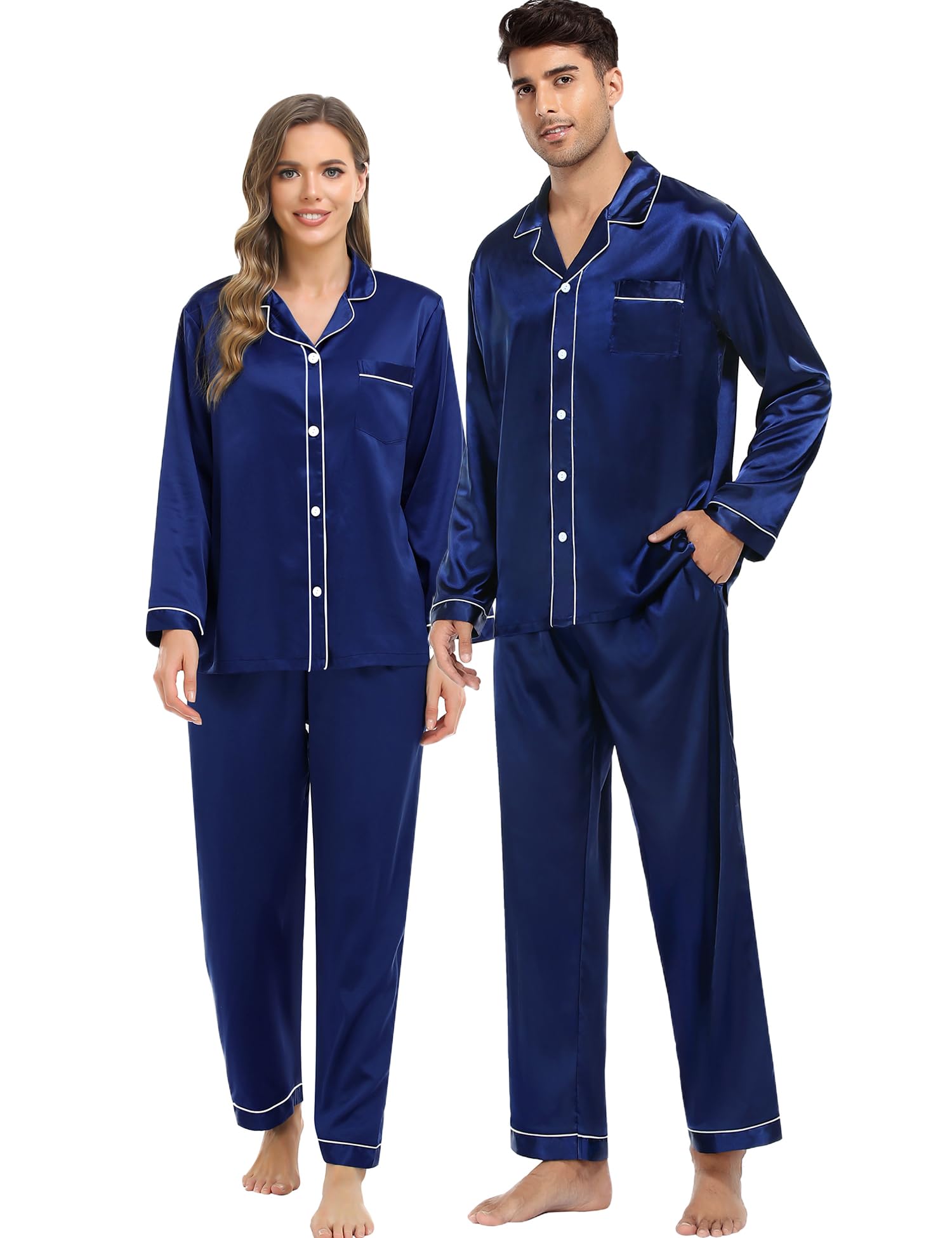 swomog Couples Satin Pajama Set Women & Men Long Sleeve Sleepwear Button Down Loungewear Silky Pj Set with Long Pants-picture-18