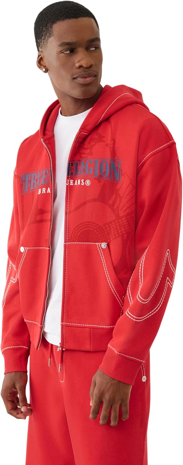 True Religion Men's Cinched Big T Zip UP Hoodie – Full Zip Sweatshirt with Contrast Stitching - Image 2