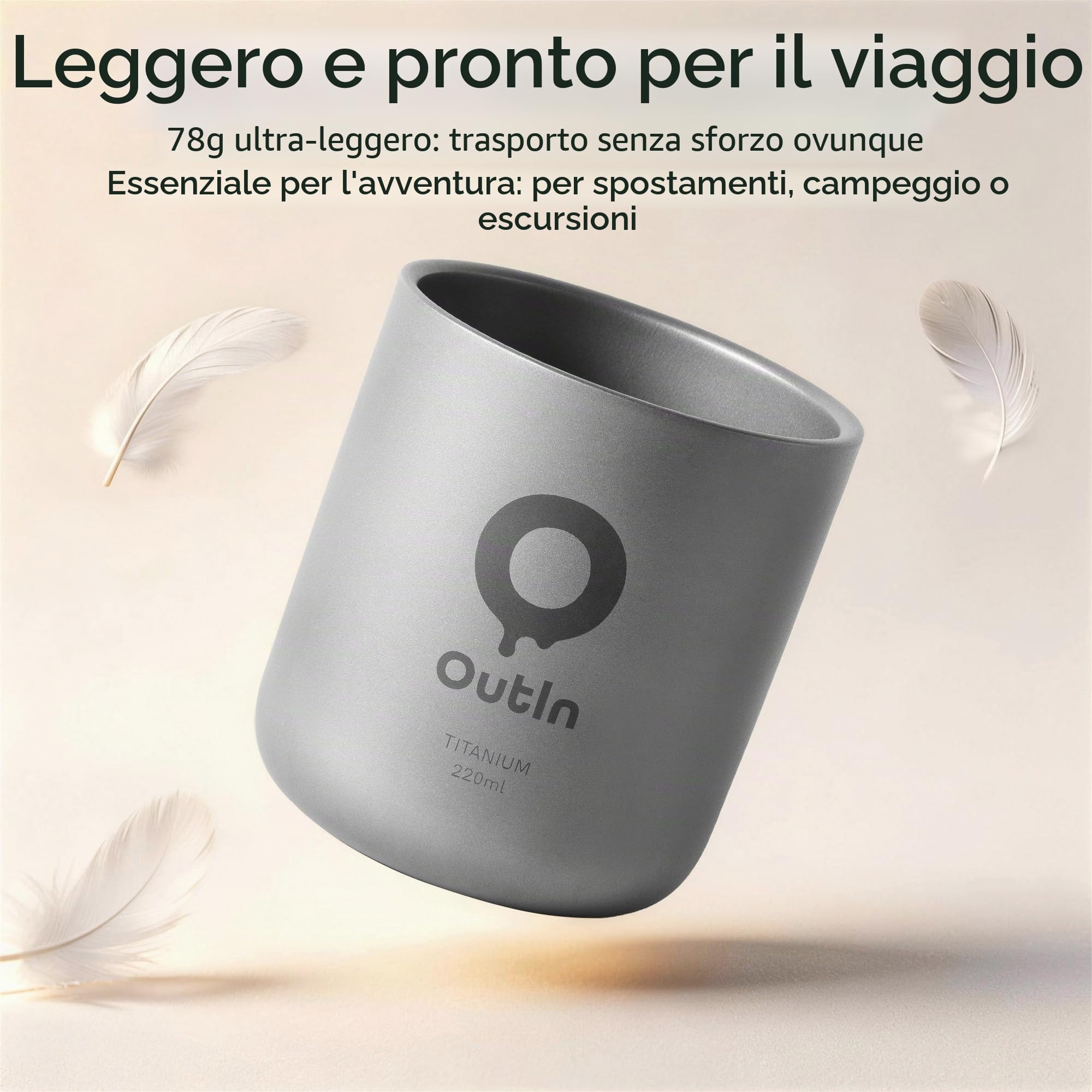 OutIn Tazza da Caffè in Titanio Ultralight, Mug da Campeggio a Doppia Parete, Titanio Puro che Preserva il Gusto, Compatibile con Macchina Espresso Nano per Trekking e Campeggio (220 ml)