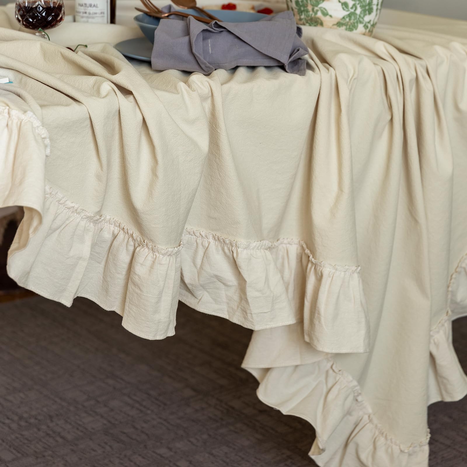 GLORY SEASON Retro wiejski obrus z falbanami bawełniane falbanki wykończenie zmywalny obrus obrus na prostokątny stół baby shower kuchnia przyjęcie ślub dekoracja biały, 152 cm x 250 cm