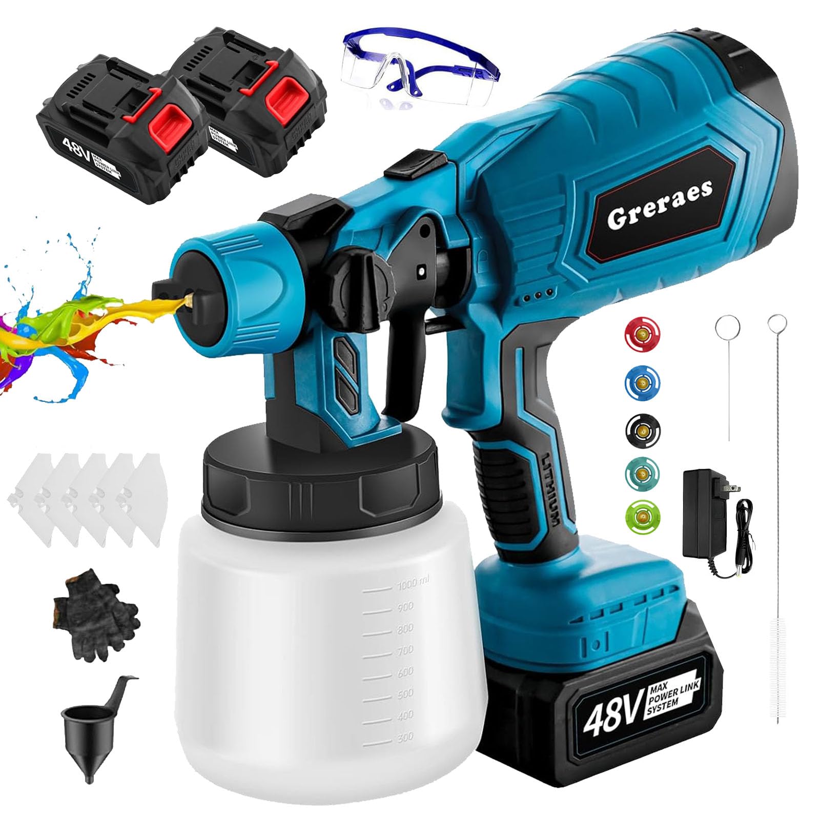Amazon.com: Greraes Pulverizador de pintura inalámbrico con 2 baterías de  48 V, pistola pulverizadora de pintura eléctrica Hvlp con recipiente de  33.8 fl oz, 3 patrones, pulverizador de pintura de mano para :