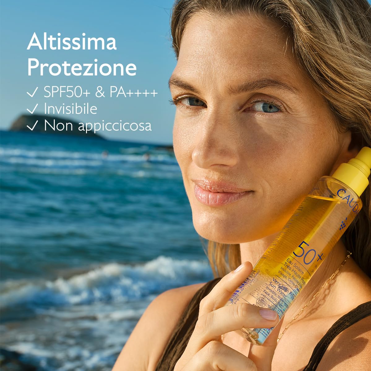 Caudalie Acqua Solare ad Altissima Protezione SPF50+ – CollagenSkinProtect™, Filtri Solari Organici, Viso Corpo e Capelli, Resistente all'Acqua, Vegano, PA++++, 150 mL