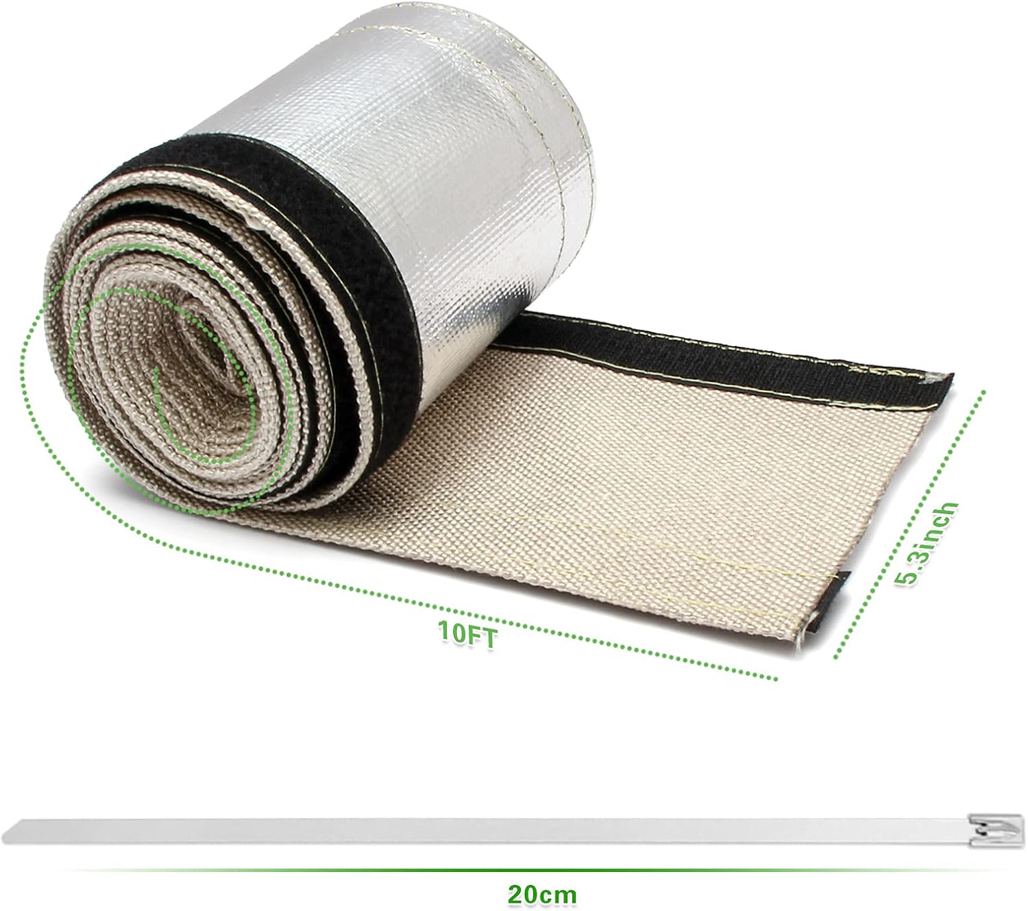 Heat Shroud Sleeve Aluminized 2 Pcs for Ultimate Heat Protection Hose Wire Shield 1-1/4''I.D. x 10FT, with 20 Pcs 7.8Inch Stainless Steel Cable Metal Zip Ties