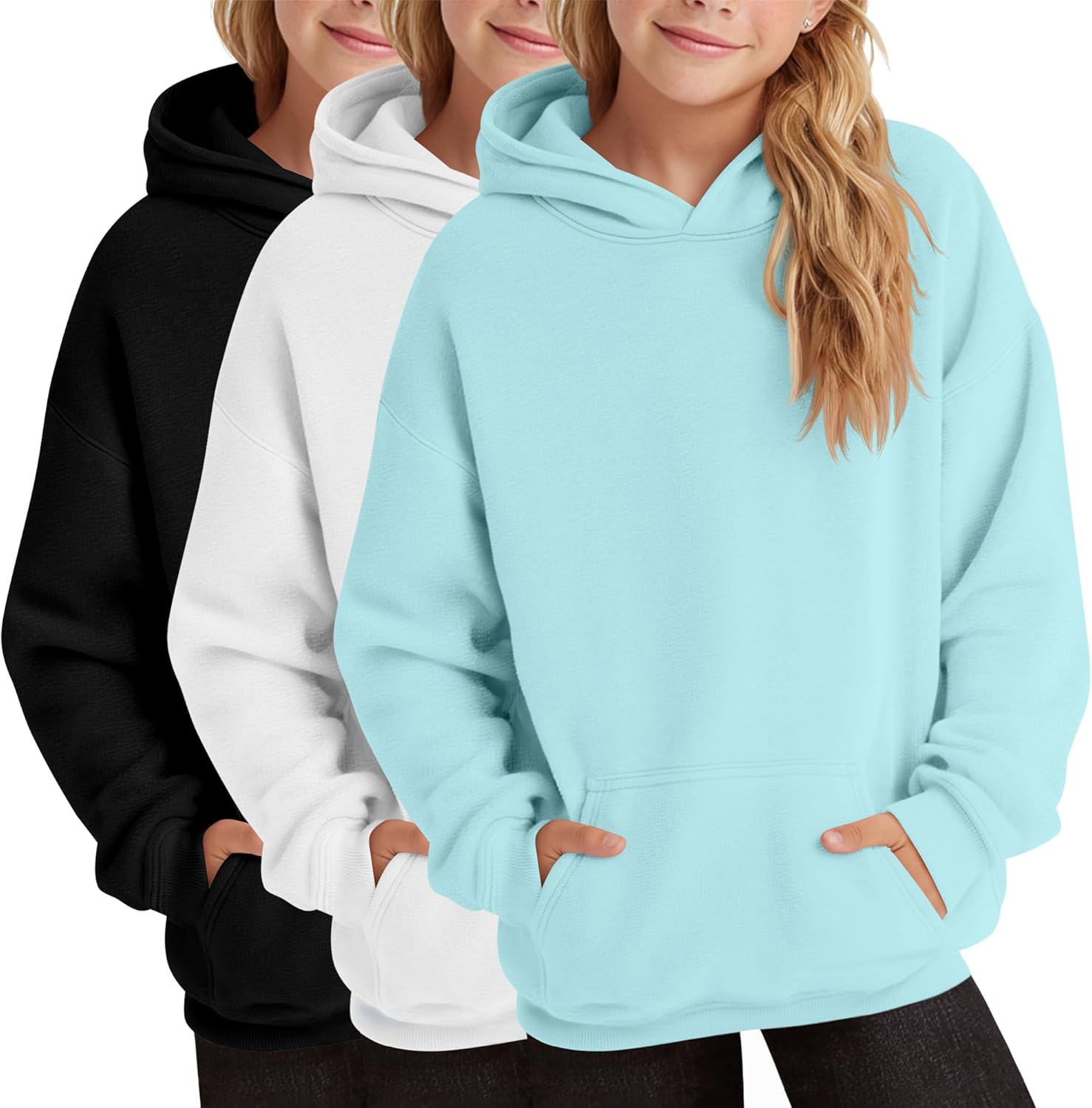 3 Pack Girls Hoodies Lightweight Kids Oversized Hooded Sweatshirt Cute Long Sleeve Pullover Sweatshirts with Pocket