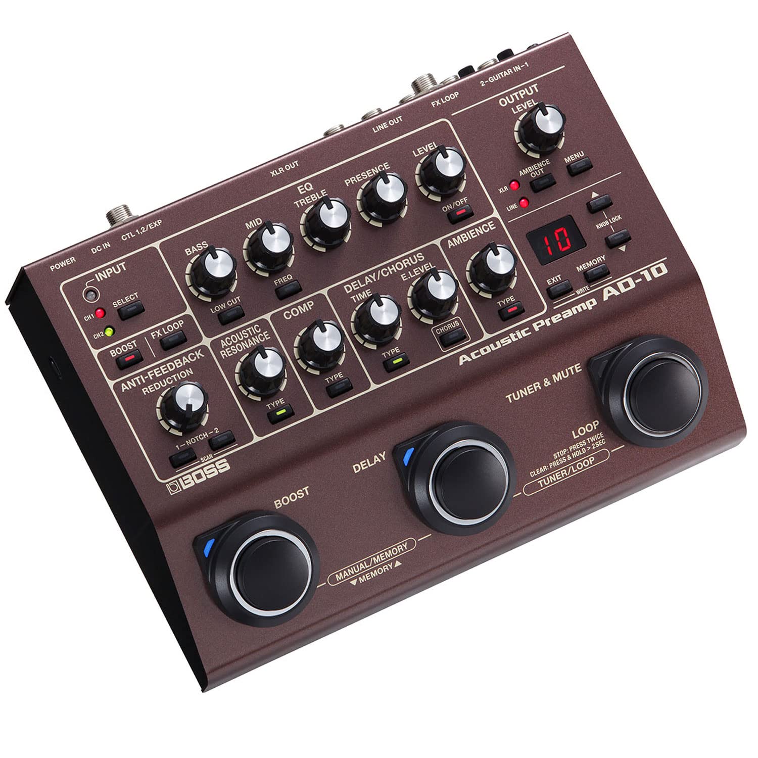 Boss AD-10 Preamp - Dispositivo multi-effetto per chitarra acustica + cavo jack Keepdrum