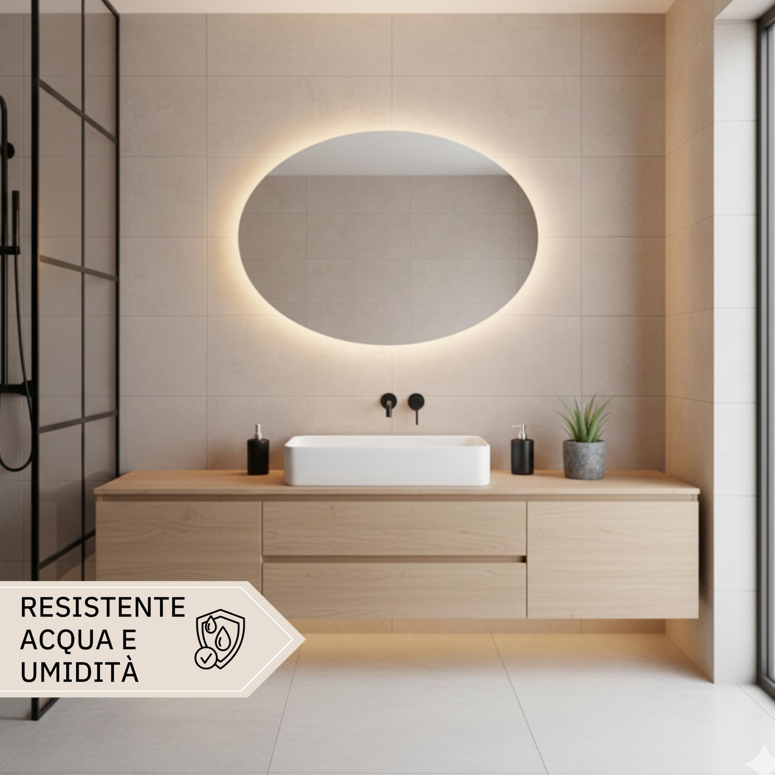 STYLE GLASS MOSES 80x60cm - Specchio con Striscia LED 4000K - Specchio bagno Ovale MOSES - Specchio da parete - Specchio con led - Specchiera Bagno Made in Italy Bordo Filo Lucido Moderno