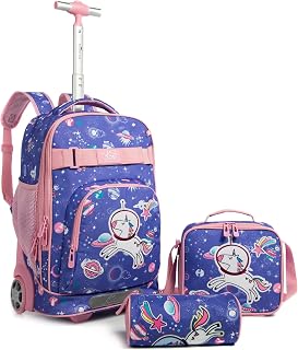 Kids Rolling Unicorn School Backpack for Girls Luggage Suitcase With Wheels Trolley Wheeled Backpacks Travel Bags 18' 3PCS Girls Unicorn With Lunch Box Purple