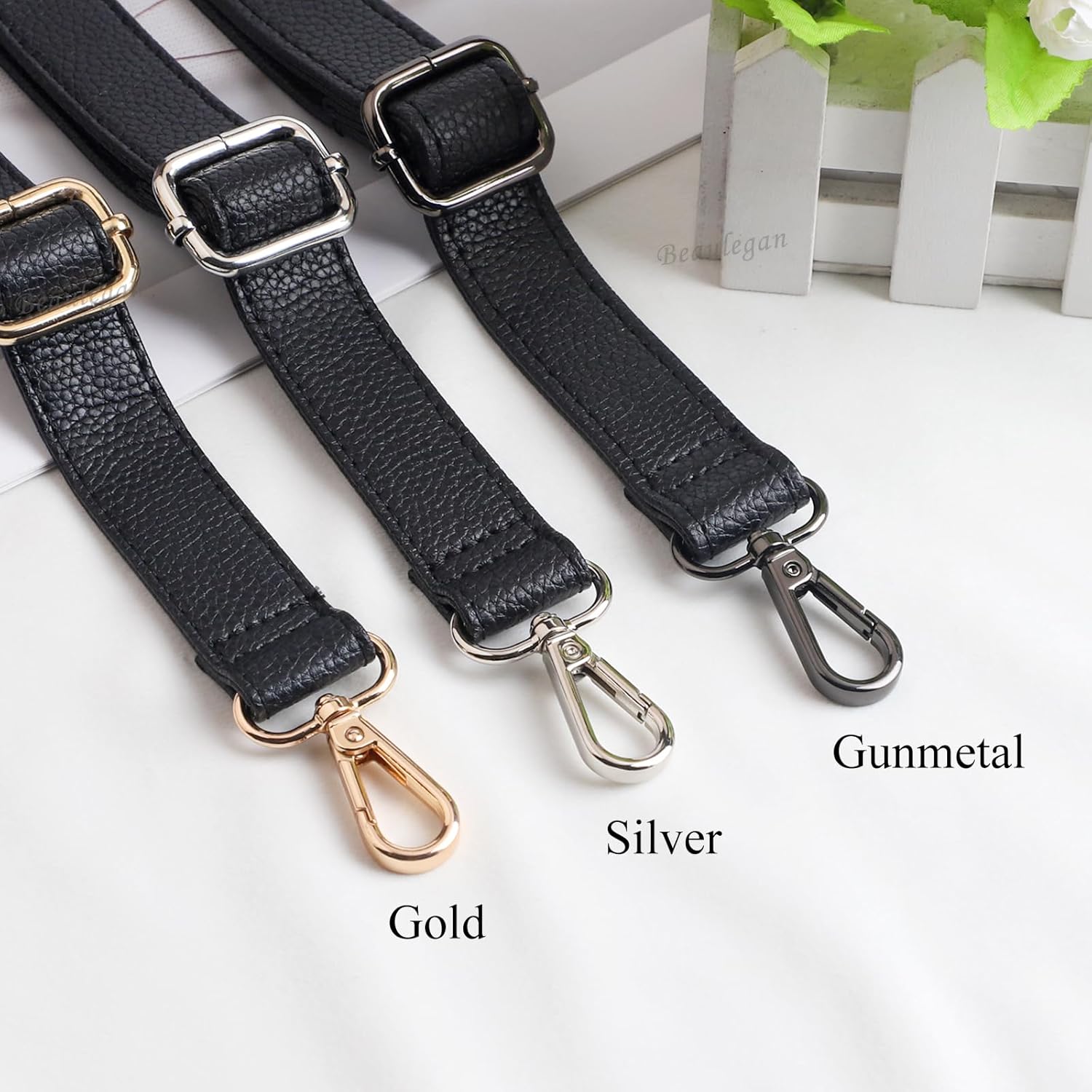 BEAULEGAN Purse Strap Replacement - Full Grain Microfiber Leather - 59 Inch Long Adjustable for Crossbody Shoulder Bag - 1 Inch Wide, Black/Gunmetal - Image 3