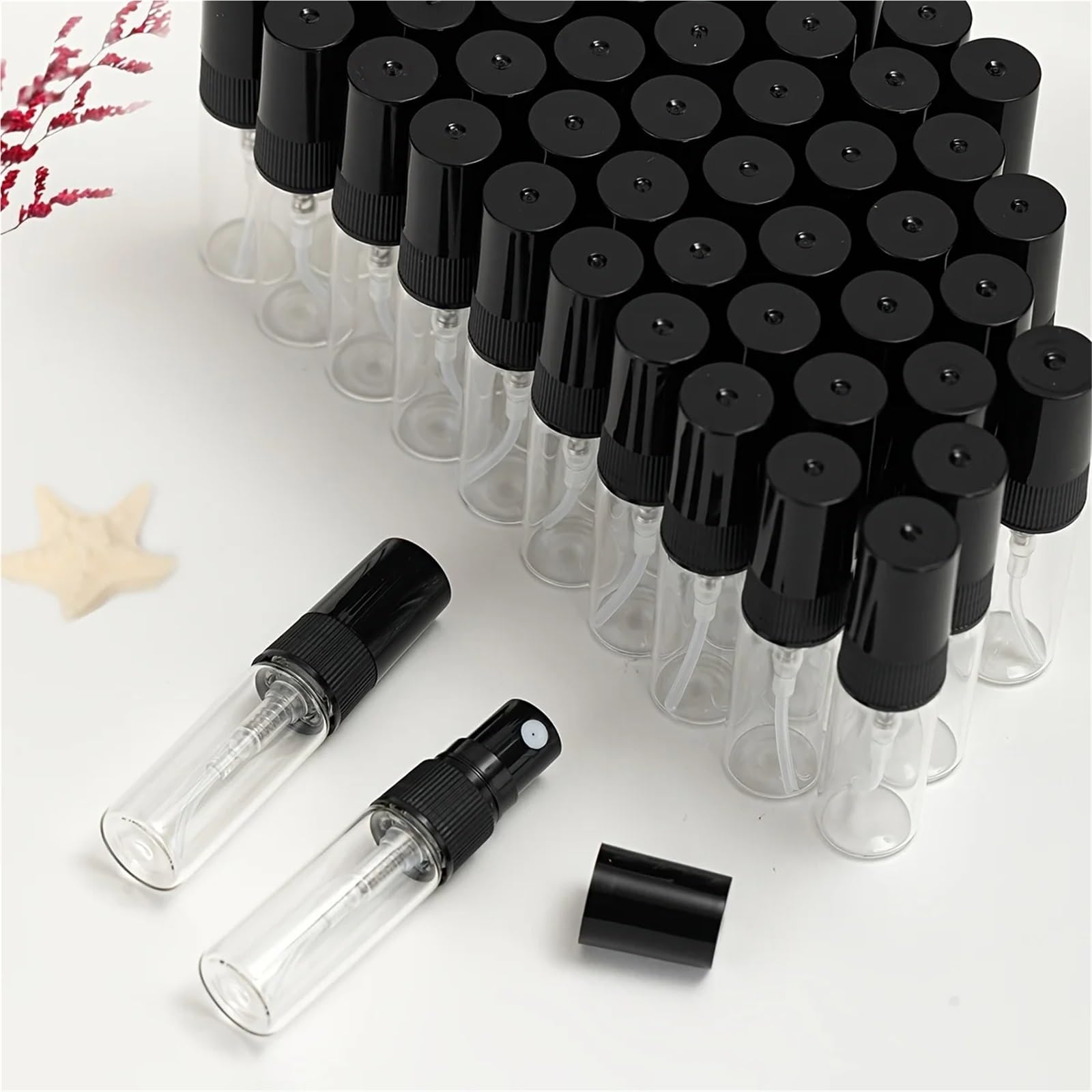 Parfümzerstäuber 50 Stück 6 Zubehörteile Transparente Parfümflaschen aus Glas, nachfüllbare Sprühflaschen, 0,07 oz,1,17,34(10ml)