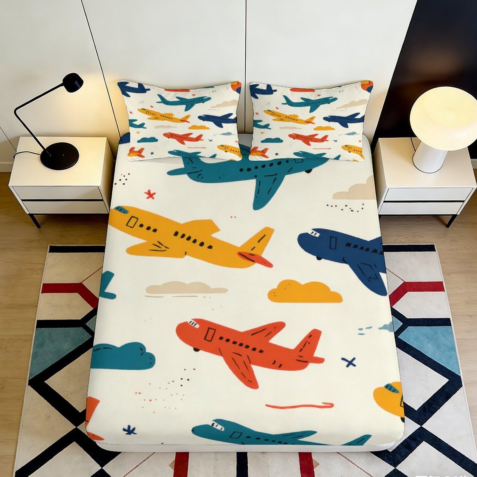 3D Printed Airplane Pattern Fitted Sheet Microfiber Soft Breathable Colorful Aircraft Bed Cover for Bedroom Dormitory Guest Room Mattress Protection 120x200x25cm