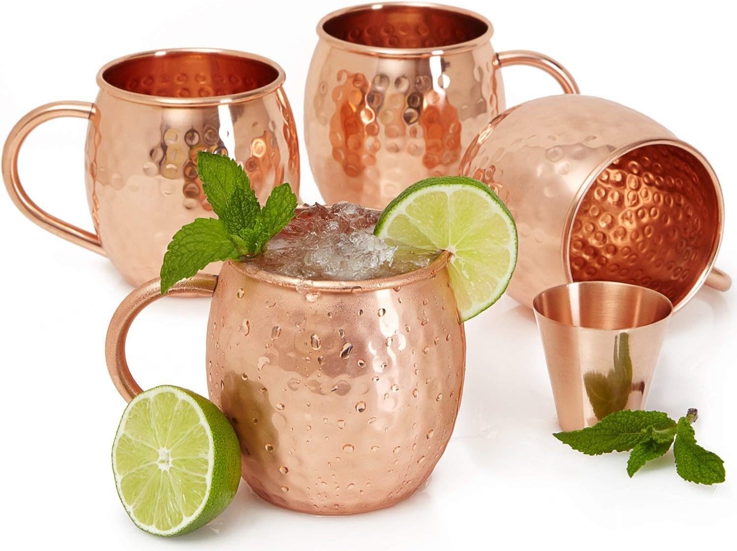 Willow & Everett Set of 4 Moscow Mule Copper Mugs with Shot Glass - 16oz Solid Hammered Cups for Moscow Mules