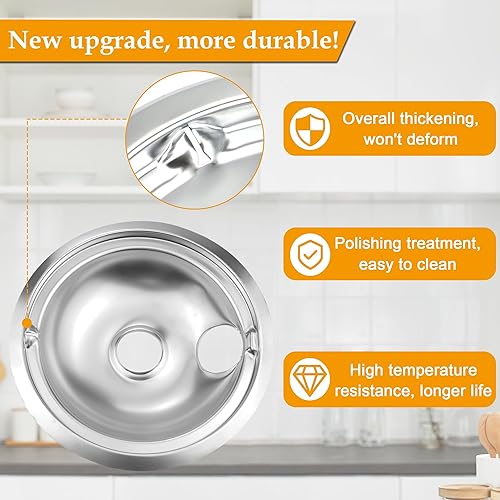 Miniatura 3 de Paquete de 4 (2) cubiertas de quemador de estufa eléctrica de 6 pulgadas y (2) de 8 pulgadas, juego de bandejas cromadas de goteo de repuesto para