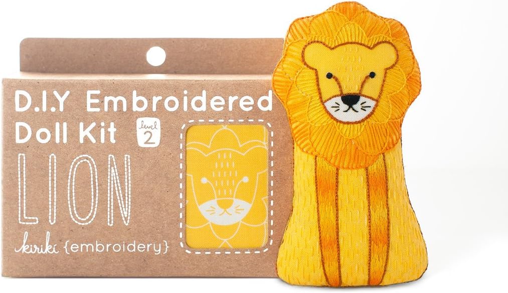 Kiriki Press DIY Embroidery Doll Kit - Skill Level 2 - Beginner to Advanced Embroidery Kits for Adults Teens (3 Skill Levels) Animal Embroidery Kit - Screen Printed Pattern (Lion - Level 2)