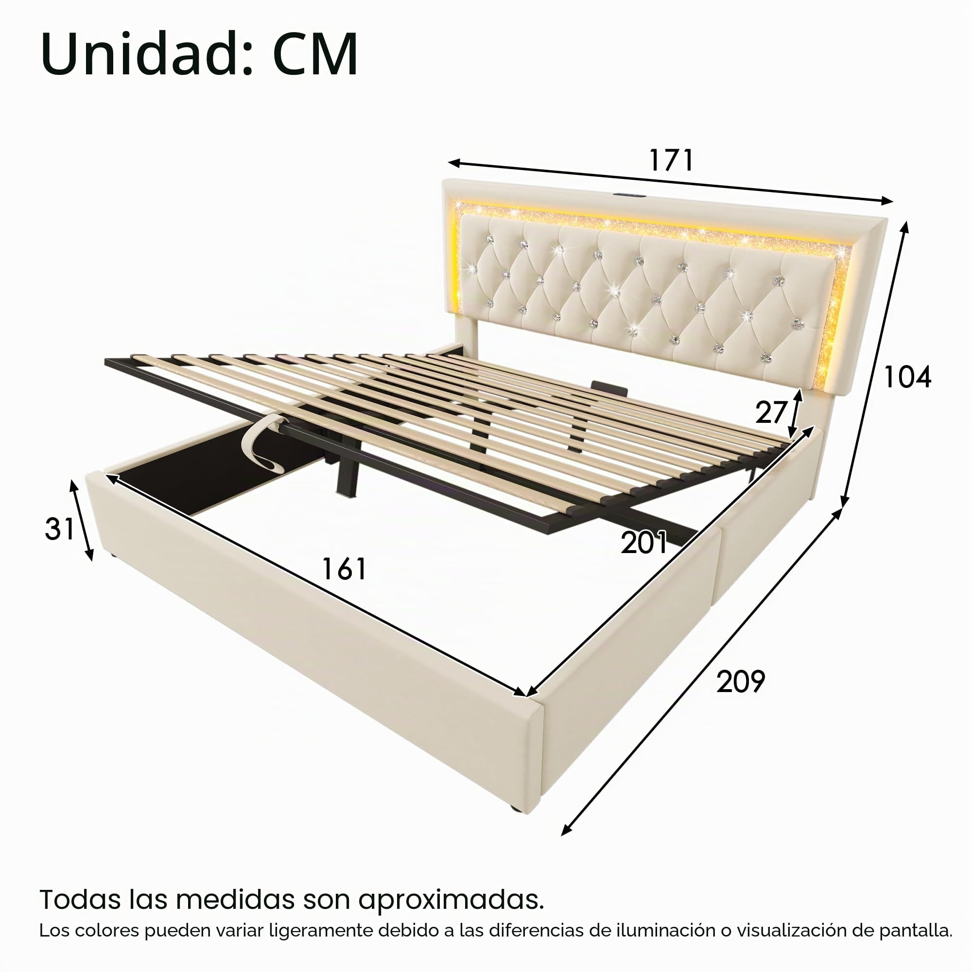 Lubvtti Cama acolchada con LED, estación de carga USB y tipo C, cama de matrimonio con contenedor hidráulico, estructura de cama con somier de láminas, terciopelo (beige, 160 x 200 cm)