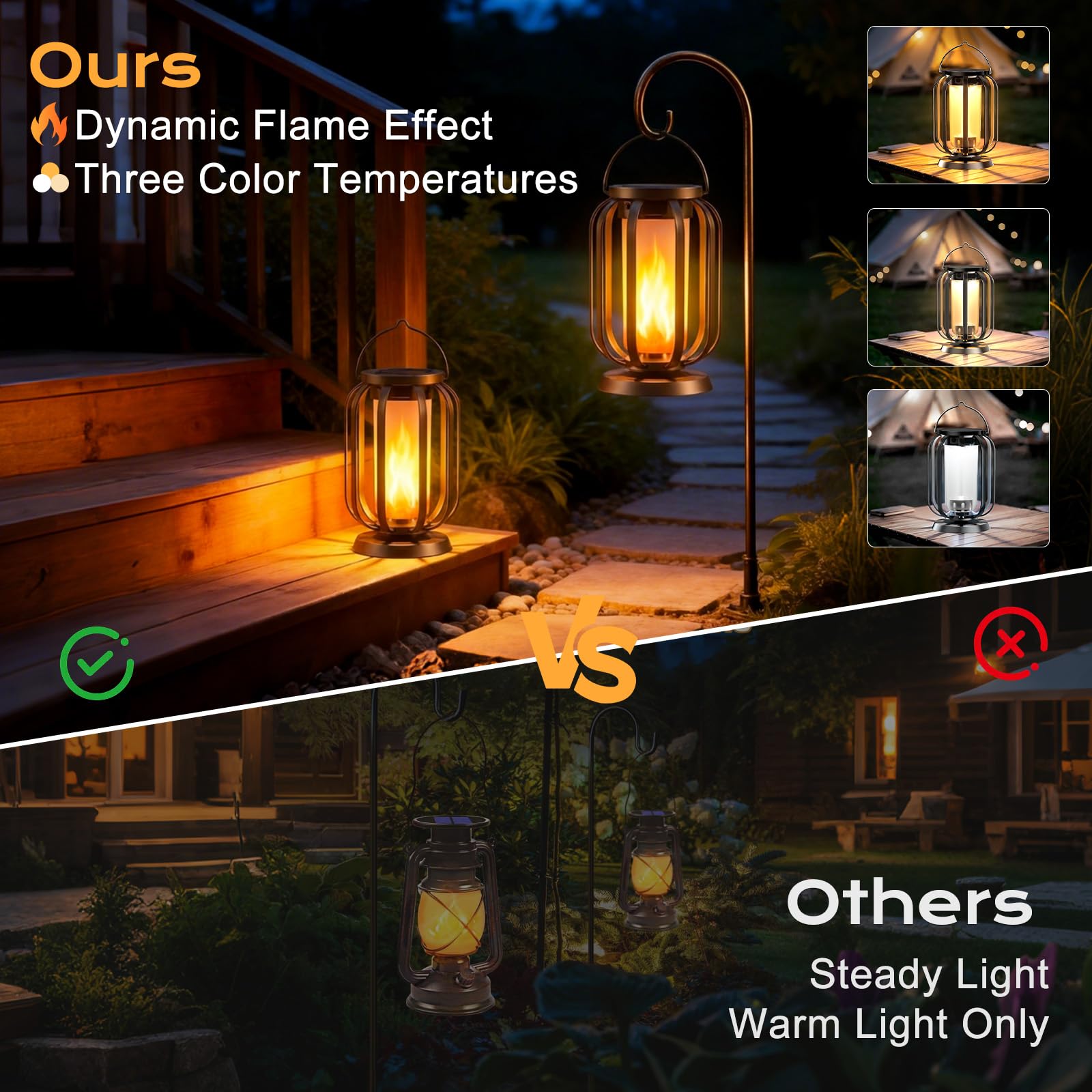 Solar Flammen Laterne für Außen Hängend, 2 Stück Solarlampen IP65 Wasserdicht mit 3 Farbtemperaturen, Balkon Garten Lampion, Halloween Deko, Outdoor Leuchten für Terrasse, Rasen, Hof, Camping