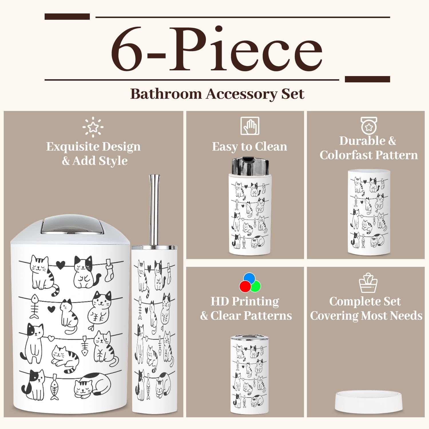 Bathroom Accessory Set 6 Piece Hanging Cute Cats Doodle Hand Drawn Toothbrush Cup Toothbrush Holder Soap Dispenser Soap Dish Trash Can with Lid Toilet Brush Holder Counter Decor