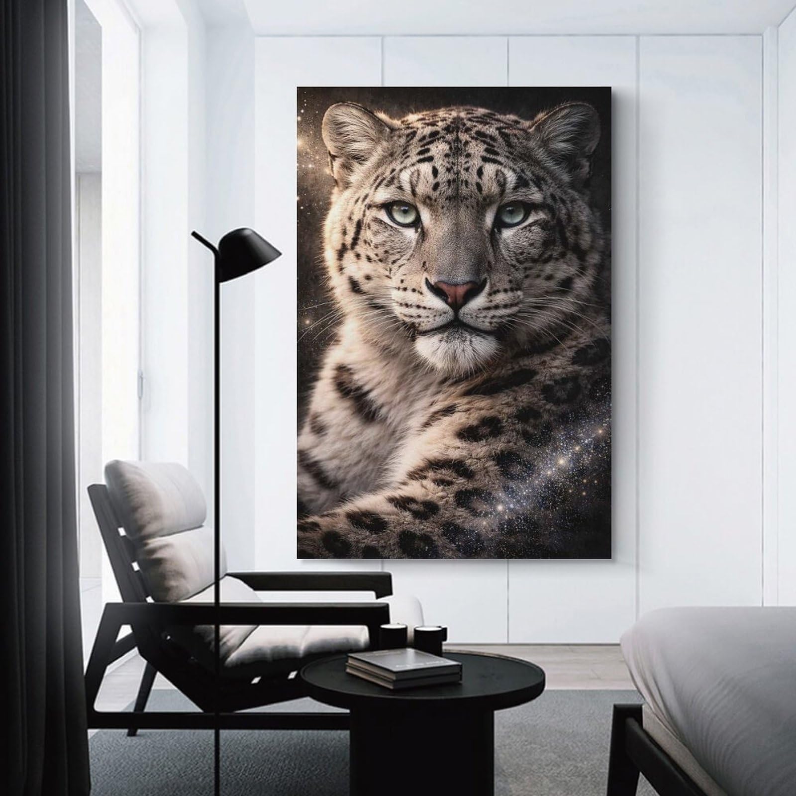 Junmoney Wall Picture Print Snow Leopard with Cosmic Background, 20x30inch(50x75cm), for Entryway, Lounge Links Or Small Walls, Home Artwork for First Impressions
