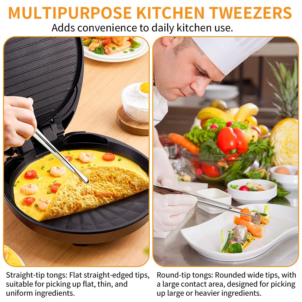 Adiwo Kitchen Tweezers Tongs 2pcs, 30cm Extra-Long Non-Slip Cooking Tweezers, Stainless Steel Metal Food Tongs, for BBQ, Frying, Salad, Hot Pot, Air Fryer, Silver - Straight Head + Round Head - 5