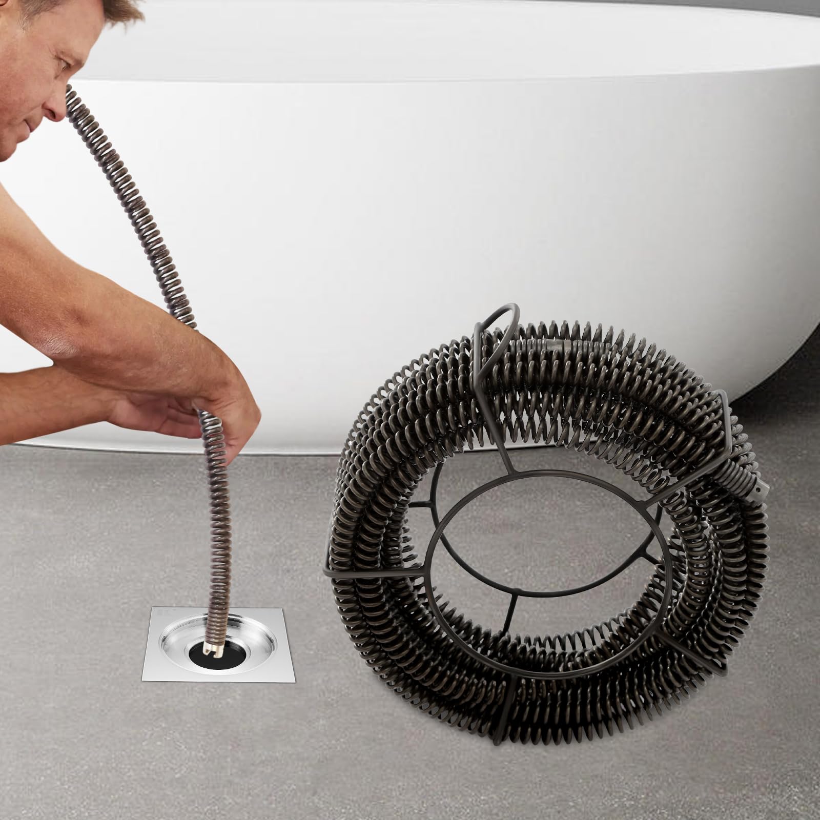 Juego de espirales de limpieza de tuberías de 14 m para tubos de 50 a 200 mm de diámetro con soporte, 4 piezas en espiral de resorte para dispositivo de limpieza de tuberías, desatascador para desagüe