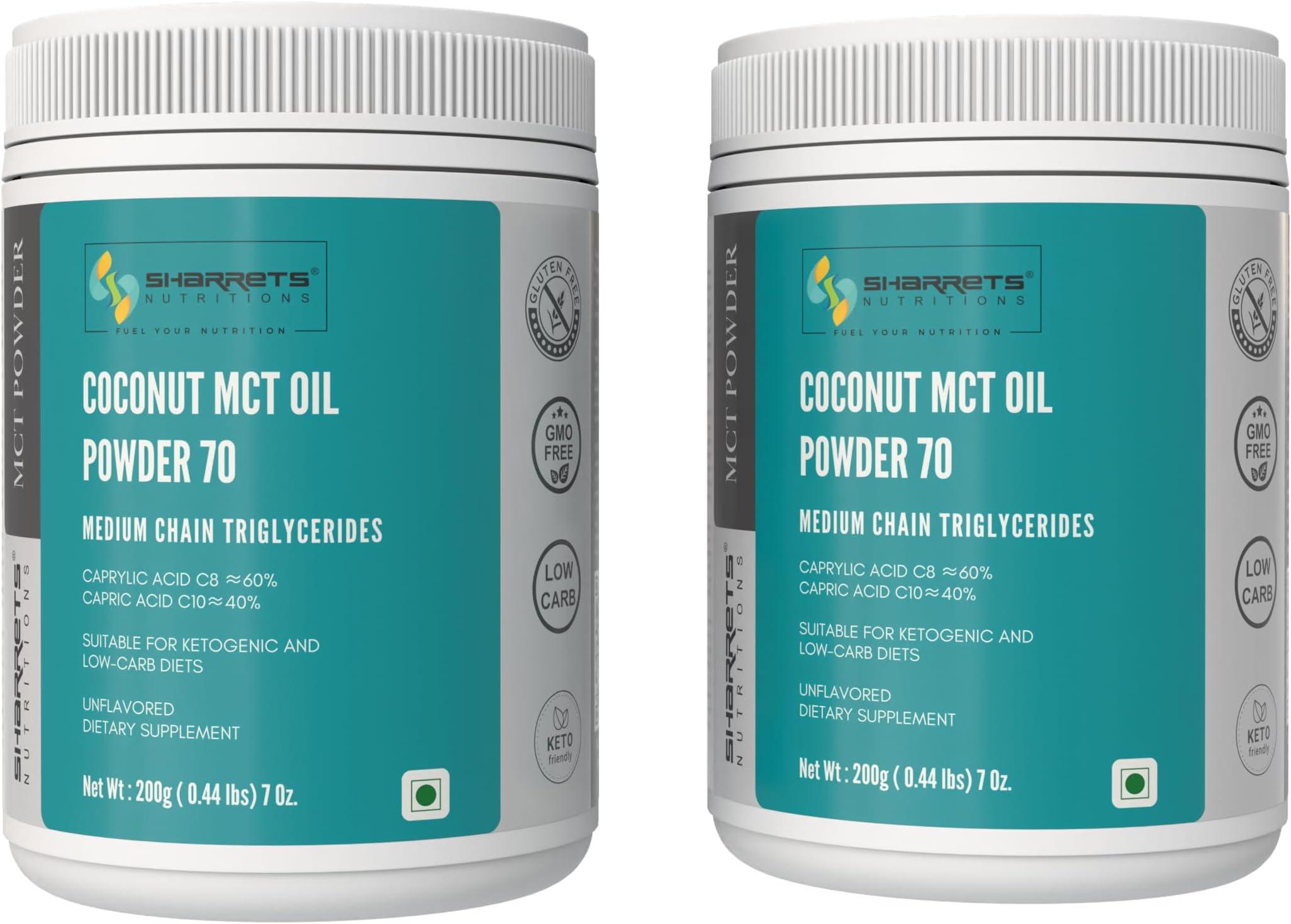 Sharrets Coconut MCT Oil Powder 200 G x 2 - Low Carbs Medium Chain Triglycerides, Ideal for Athletes, Bodybuilders, Bulletproof Coffee, Brain Health and Ketosis.