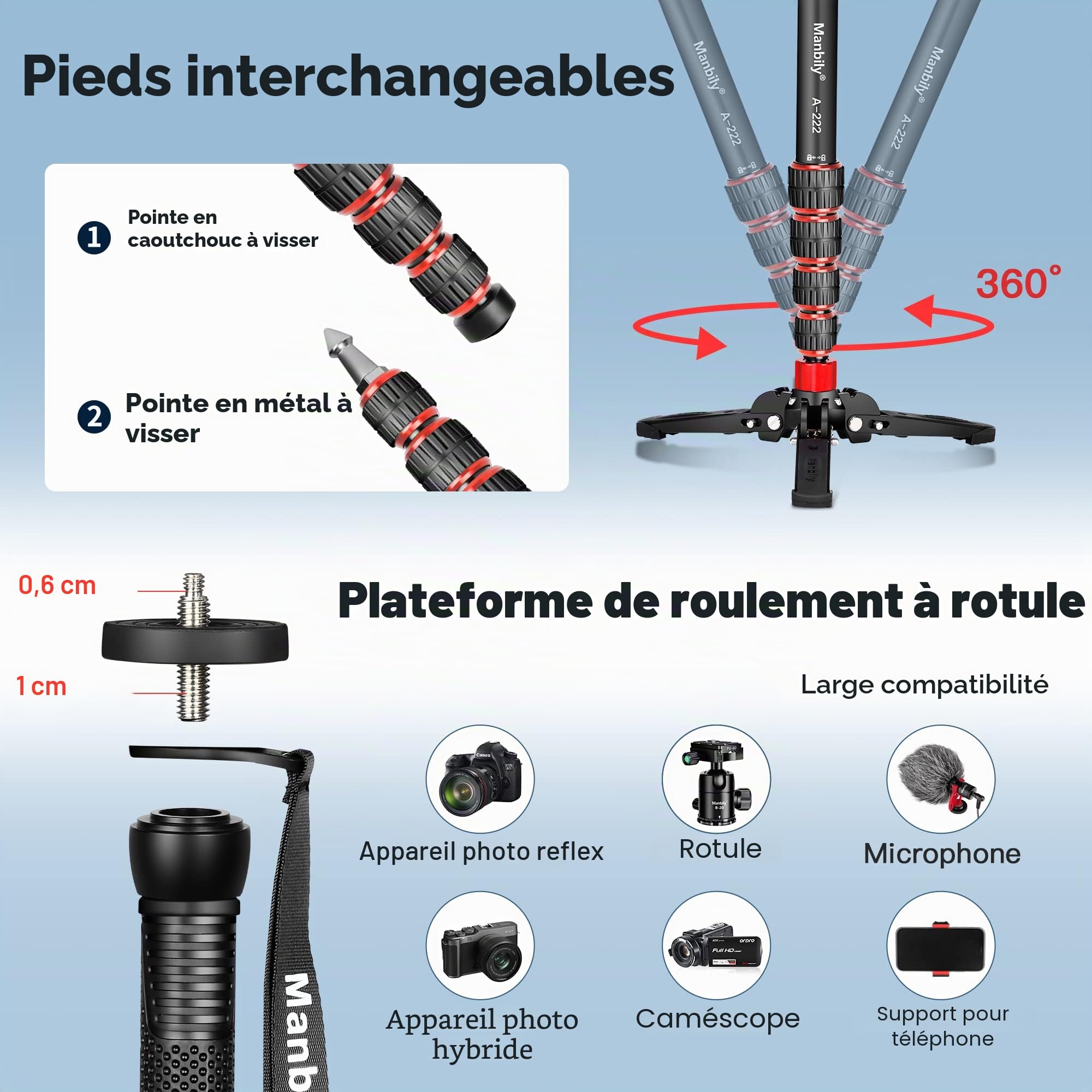Manbily Monopode Caméra Extensible Aluminium 170cm Trépied de Voyage Portable Amovible pour Appareil Photo Reflex DSLR Canon Sony Nikon 5 Sections 15,5lbs