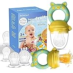Baby Fruit Food Feeder Pacifier - Fresh Teething Pacifiers, Infant Fruit Teething Teether Toy for 3-24 Months, 6 Pcs Silicone Pouches for Toddlers & Kids & Babies, Piggy Handle 2-Pack (Yellow)