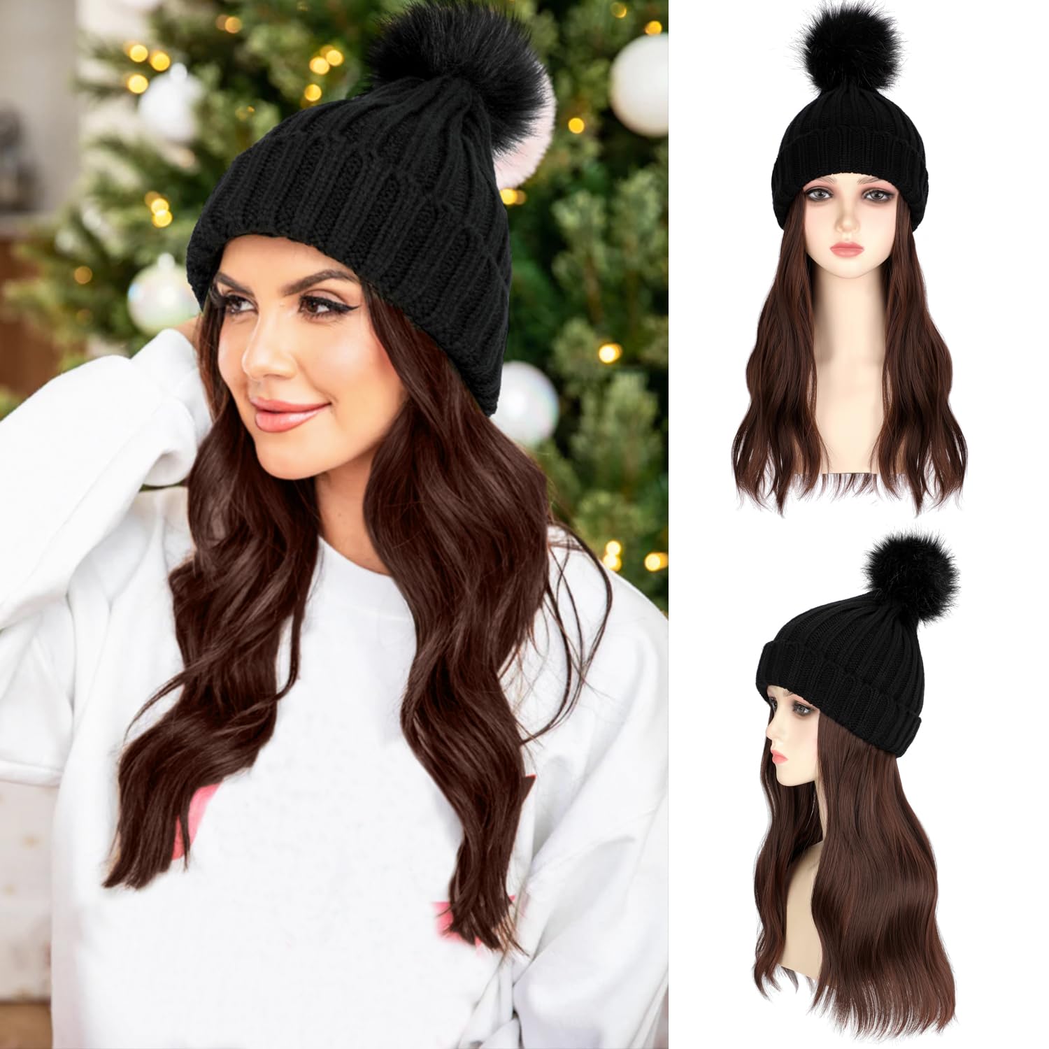Amazon.com : Lansigreen Wig Beanie Hat with Long Wavy Hair