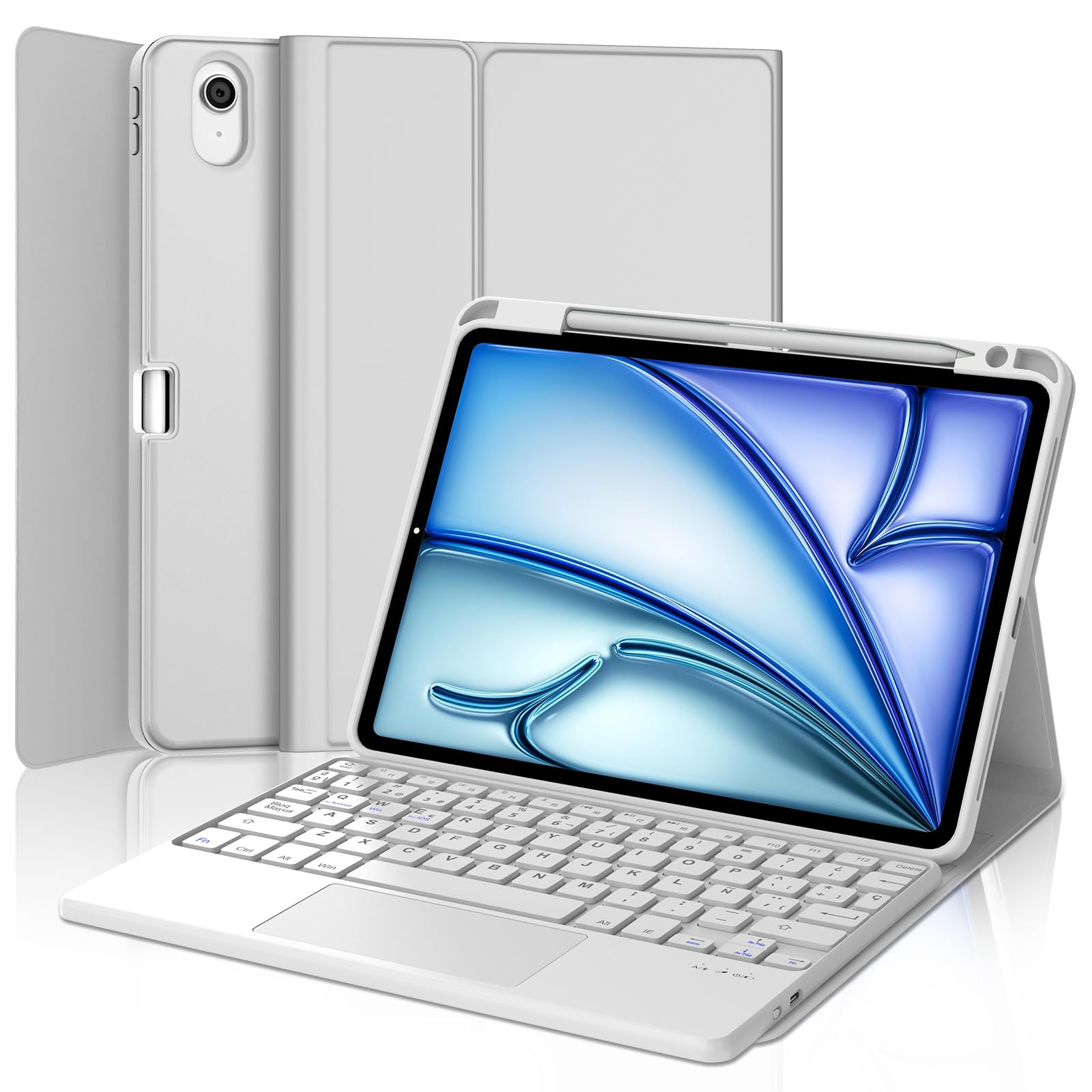 FOGARI Teclado para iPad Air 11" M4/M3/M2 2026/2025/2024 con Touchpad, Funda con Español Ñ Teclado Magnético Desmontable Bluetooth con Trackpad para iPad Air 11 Pulgadas M2/M3/M4, Gris Claro