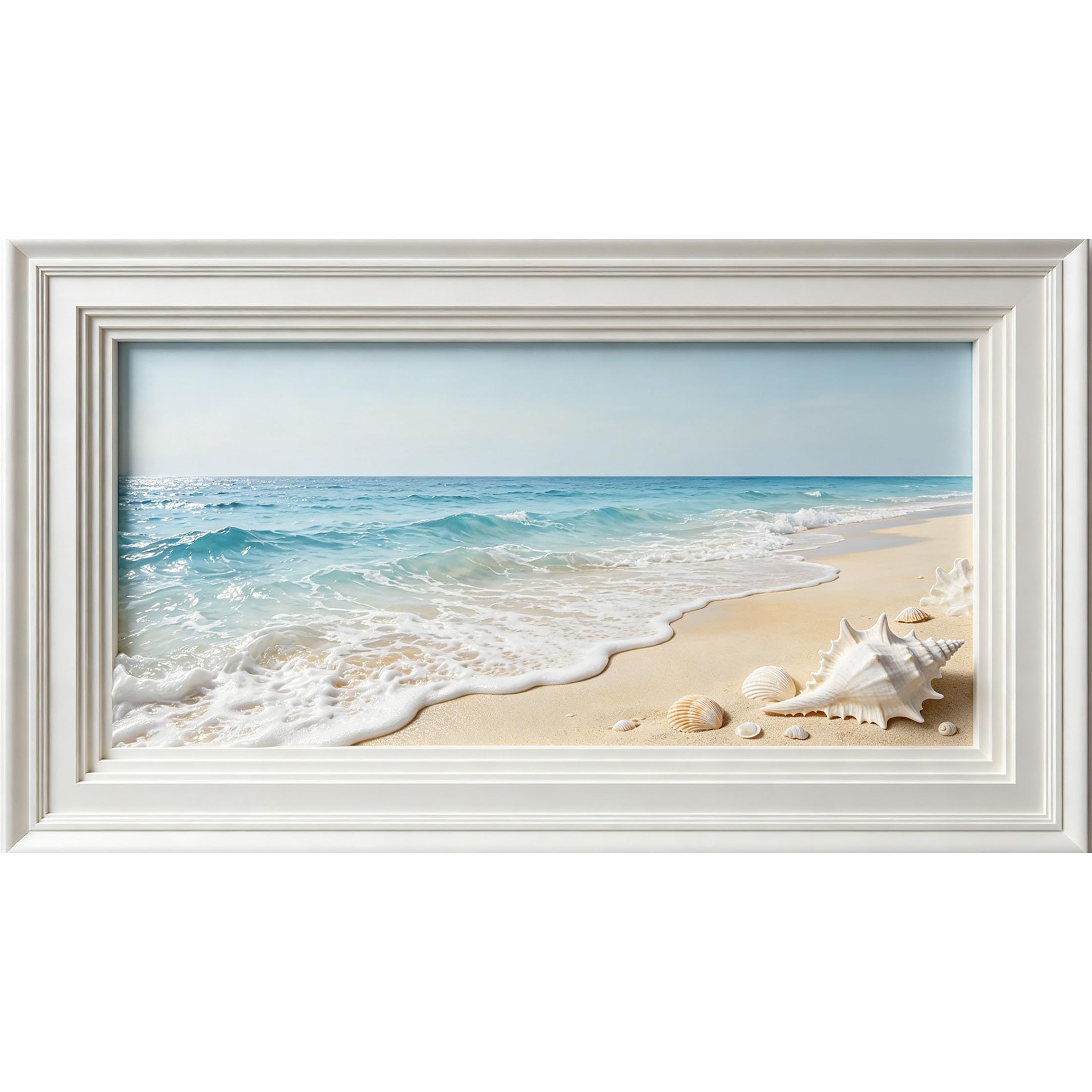 QZLITHOTIC 50×90cm3D Framed Wall Art， Coastal Seashore Seashells Beach Mural， WaterActivated Peel & Stick Fabric Decor Wall Decal for Bedroom Living Room
