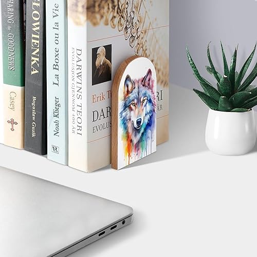 Miniatura 3 de Sujetalibros decorativos de madera con diseño de lobo para estantes, habitación de los niños, escritorio, oficina en casa, libros, DVD, 1 par2