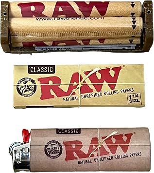 Raw 1 1/4 Rolling Papers + 79mm Rolling Machine + Raw Bic Classic Lighter + RSV Scoop Card Combo
