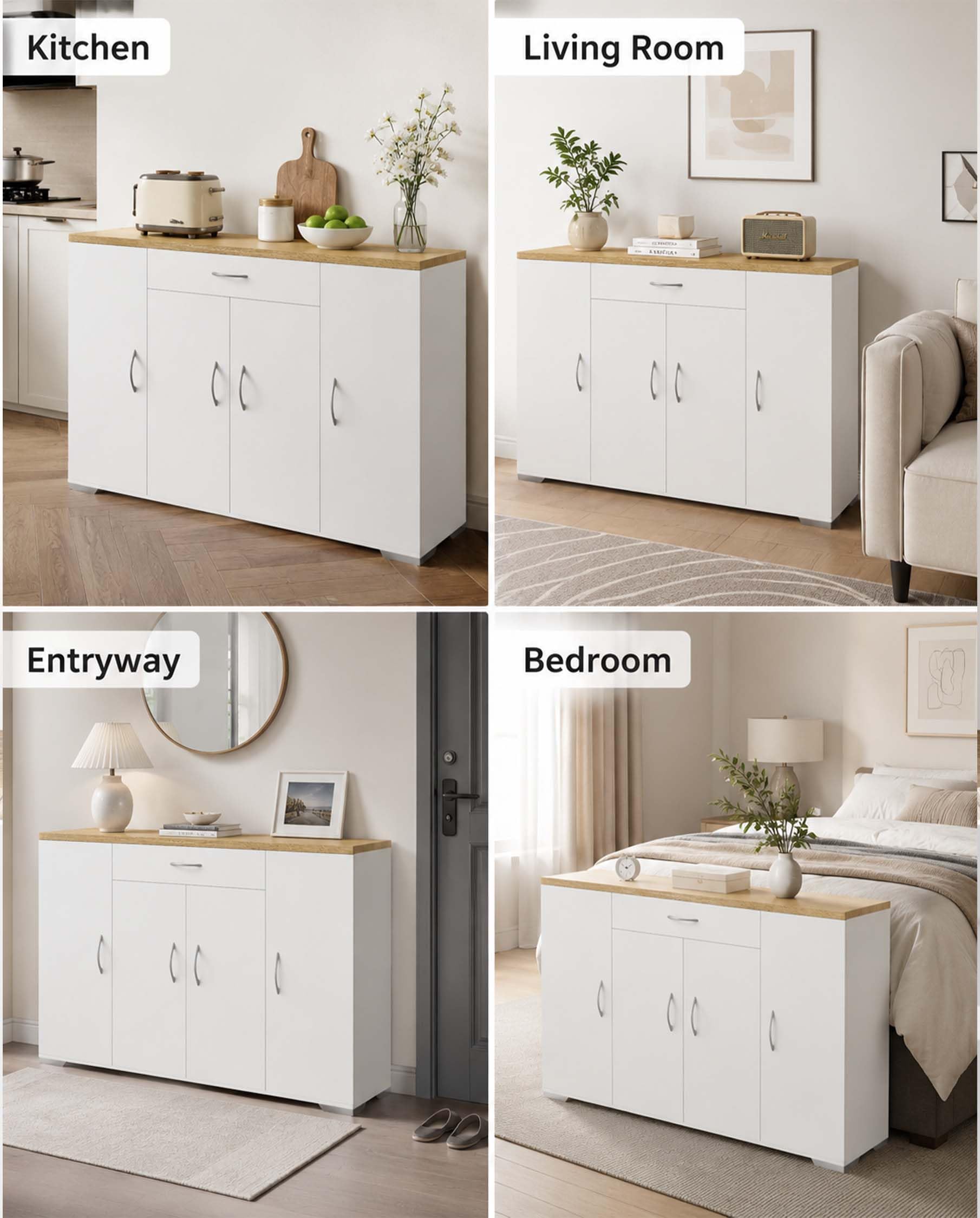 hitsuki Credenza Cucina Bianca 110 x 30 x 70 cm Mobiletto Cucina Salvaspazio Mobile Dispensa Cucina con 4 Ante e 1 Cassetto Madia Mobile da Cucina per Soggiorno Ingresso Corridoio