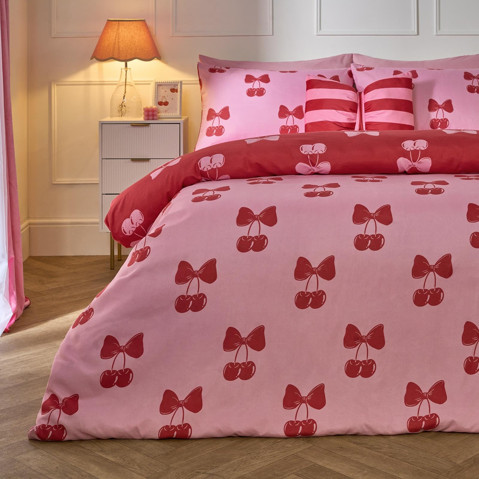 Ohs Girls Cherry - Pink/Red Single Duvet Cover Set Cherry Bow Print, Valentines Gifts For Her Super Soft Warm Cosy Bow Bedding Comfy Microfibre Reversible Duvet Cover Single With Pillowcase, Pink