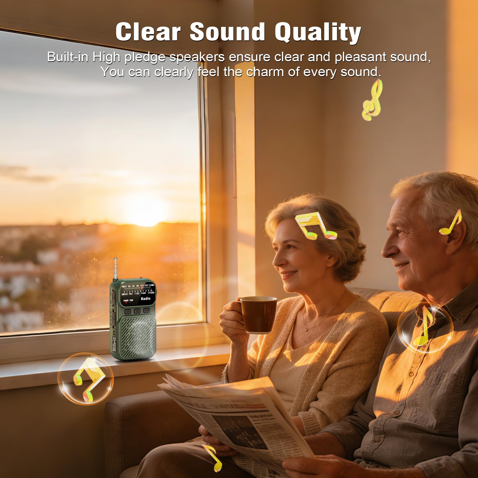 Tendak Mini Radio à Piles AM/FM/FM Bluetooth Portable 1200 mAh USB-C Vert