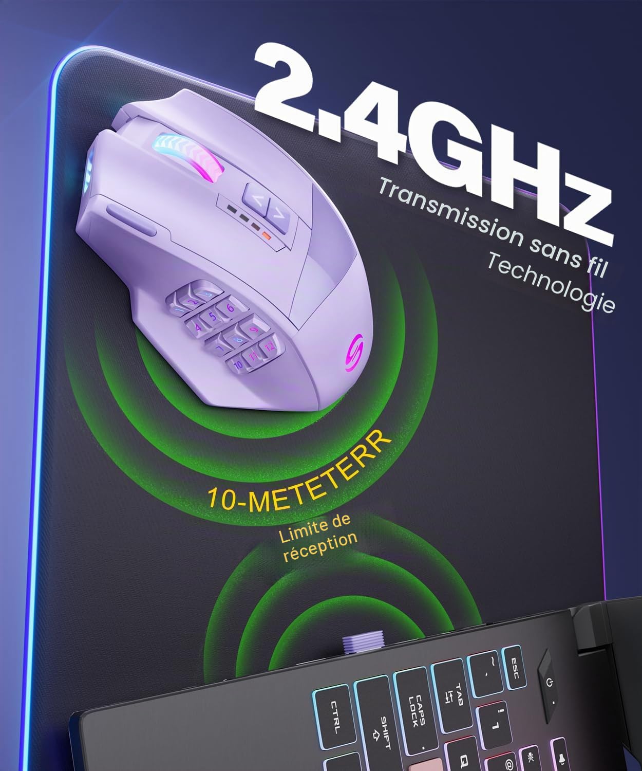 UtechSmart Venus Pro Souris de gaming sans fil avec capteur optique 16 000 DPI | 16 boutons programmables, 2,4 G, batterie 70 heures, prise en main ergonomique, capteur optique, rétroéclairage vibrant