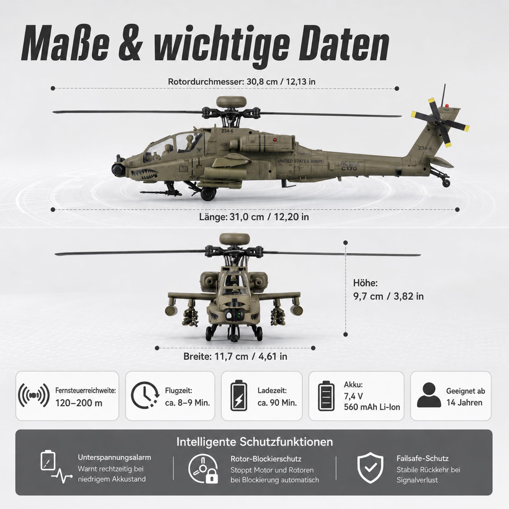RC Hubschrauber C170 2,4GHz, 6-Kanal RC Helikopter mit 6-Achsen-Gyro, Optical Flow, TOF-Höhenhaltung, Brushless Motor, 3 Akkus (Dunkelgrau)