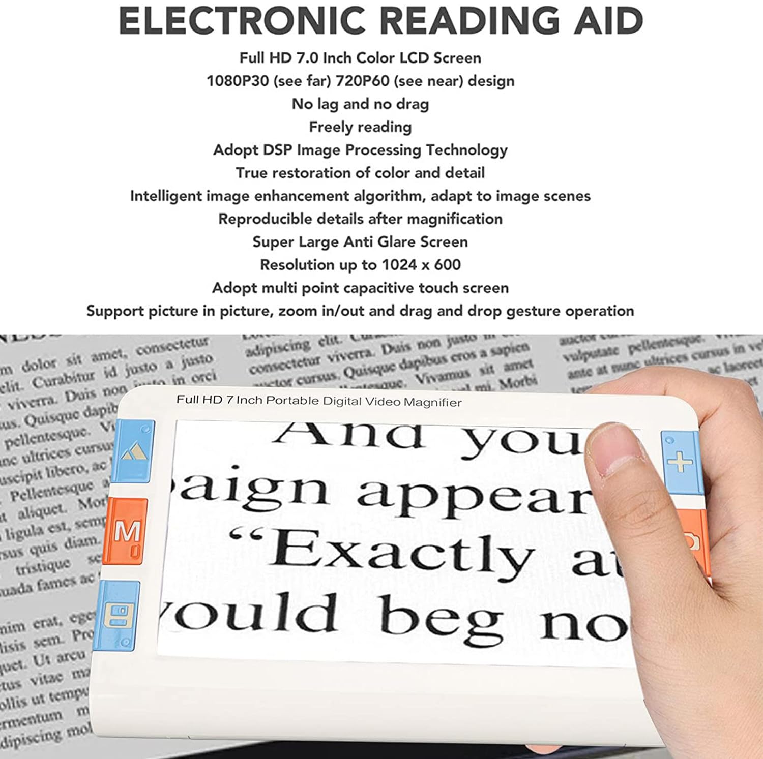 Lupa de vídeo portátil, Lente Dual de Enfoque automático de Mano de 7,0 Pulgadas, Aumento de 2X a 32X, ayudas de Lectura de 26 Modos de Color, Lupa de vídeo electrónica Profesional para Leer Libros