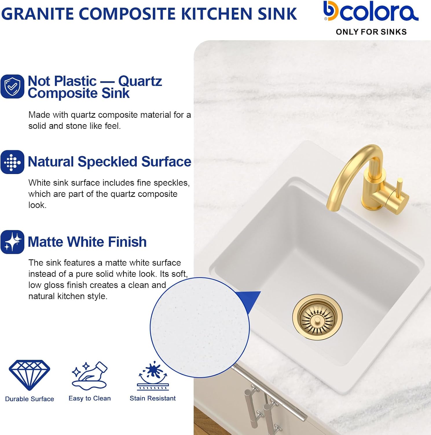 Dcolora 15 Inch White Drop In Bar Sink with Faucet, Granite Composite Workstation Prep Sink, Quartz Single Bowl Topmount Utility Sink, 15"D x15"W x9.65"H, DC-SFDOE00128