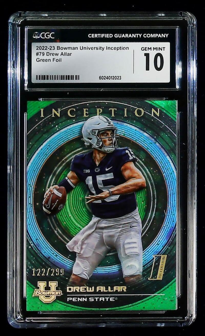 2022-23 Bowman University Inception Green Foil #79 Drew Allar RC Rookie 122/299 Graded CGC 10 (GEM MINT) Football Trading Card Penn State Nittany Lions